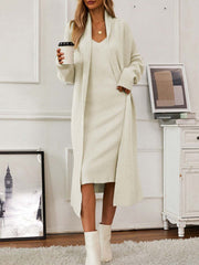 v-neck-cami-dress-and-open-front-cardigan-sweater-set