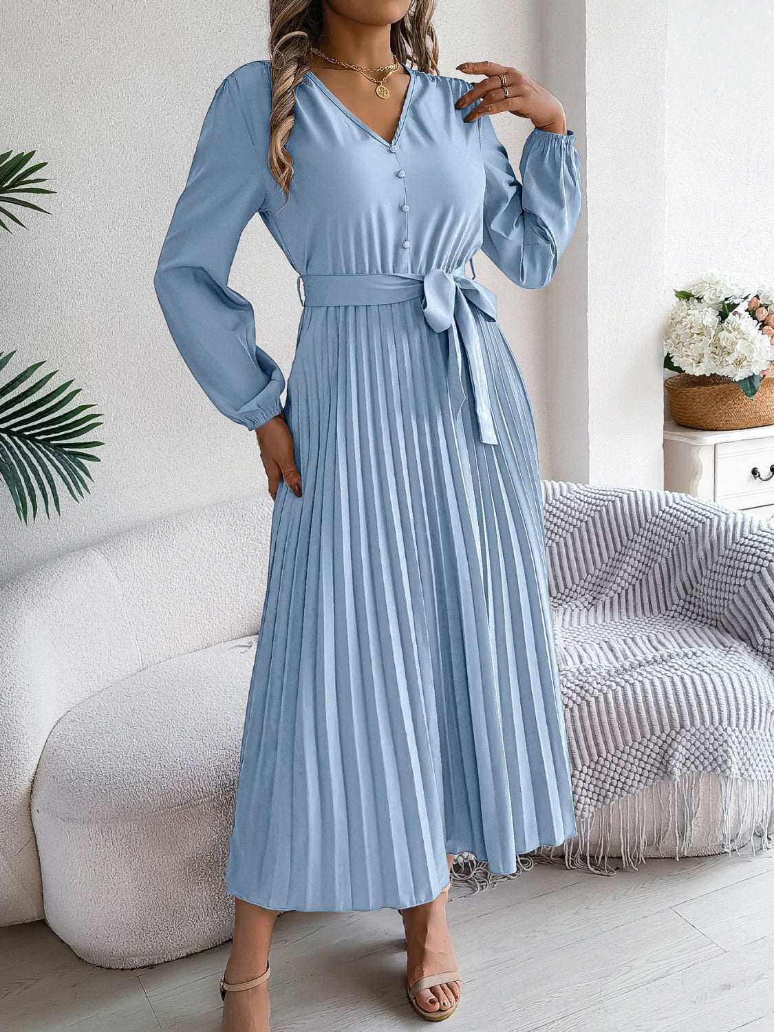 pleated-tied-v-neck-long-sleeve-dress