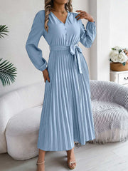 pleated-tied-v-neck-long-sleeve-dress