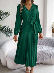 pleated-tied-v-neck-long-sleeve-dress