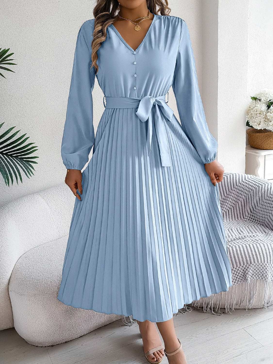 pleated-tied-v-neck-long-sleeve-dress