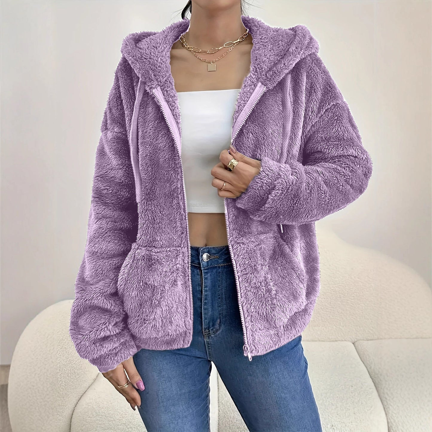 Zipper And Plush Cozy Loose Hoodie