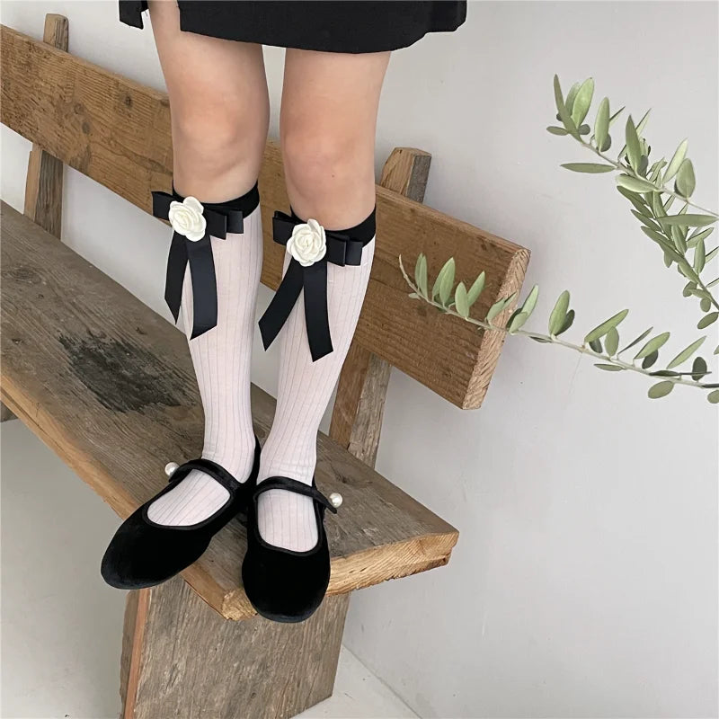 Lolita JK Bow Middle Tube Socks 3D Camellia Flower Tie Socks Ballet Summer Thin White Sock Y2K Party DRESS Designer Socks