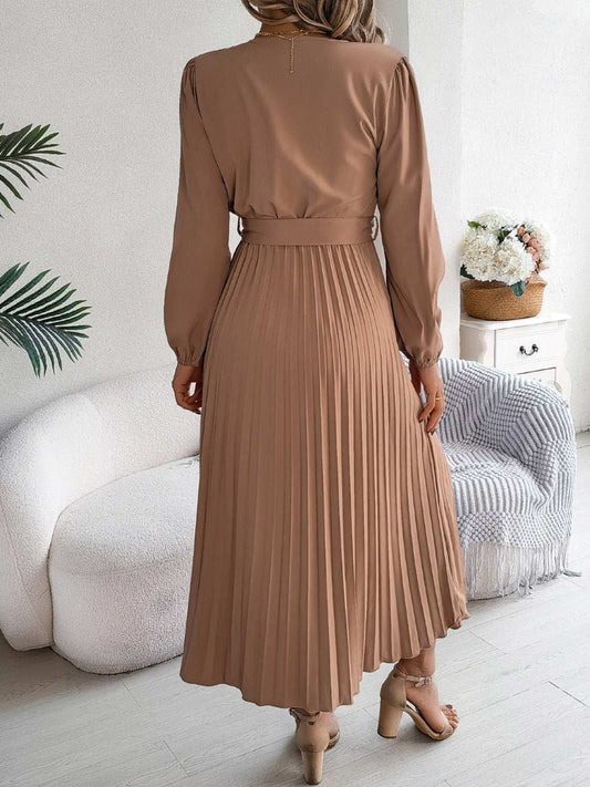 pleated-tied-v-neck-long-sleeve-dress