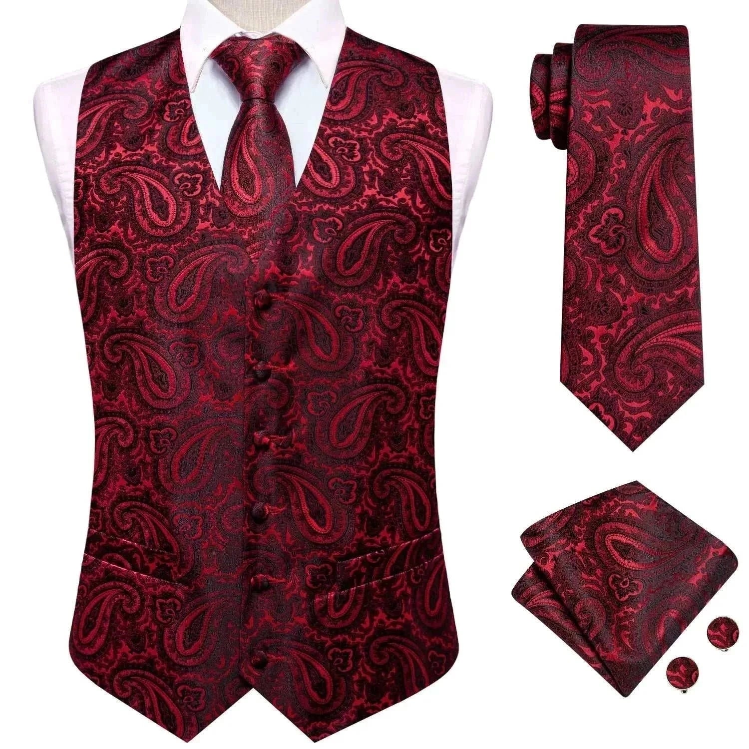 Hi-Tie 20 Color Silk Men's Vests Tie Business Formal Dress Slim Sleeveless Jacket 4PC Hanky Cufflink Blue Paisley Suit Waistcoat