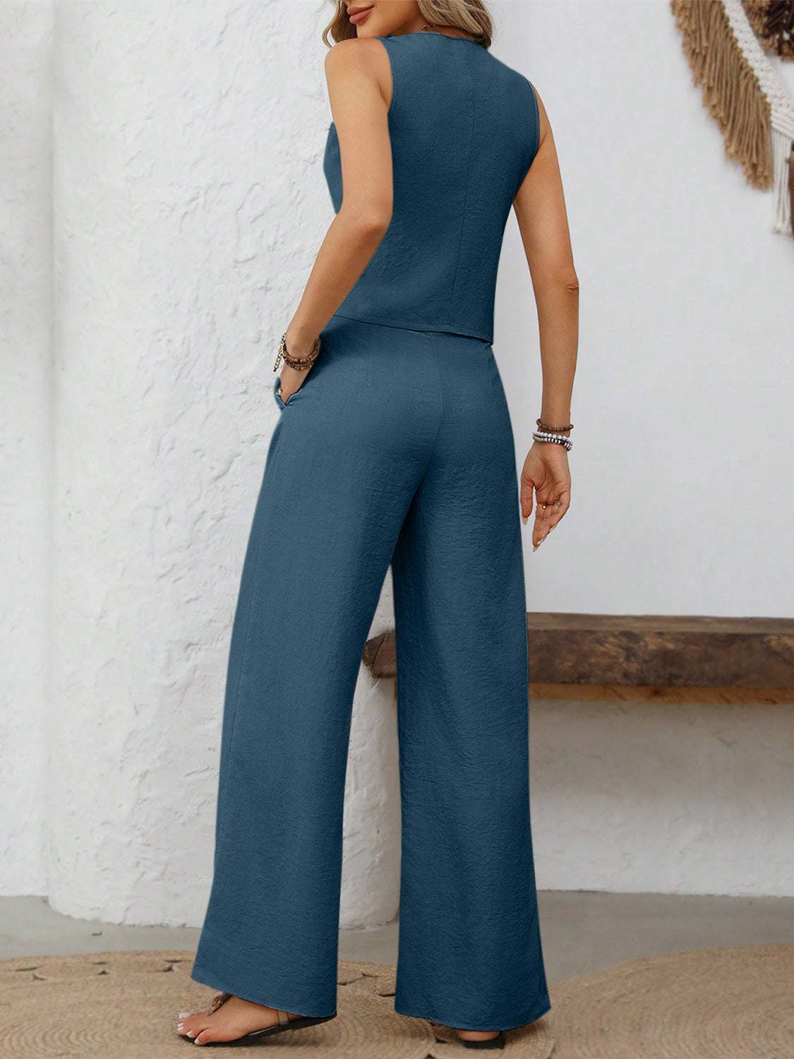 v-neck-button-down-vest-and-wide-leg-pants-set