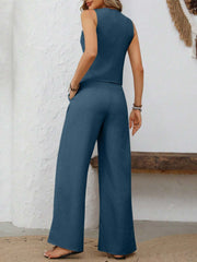 v-neck-button-down-vest-and-wide-leg-pants-set