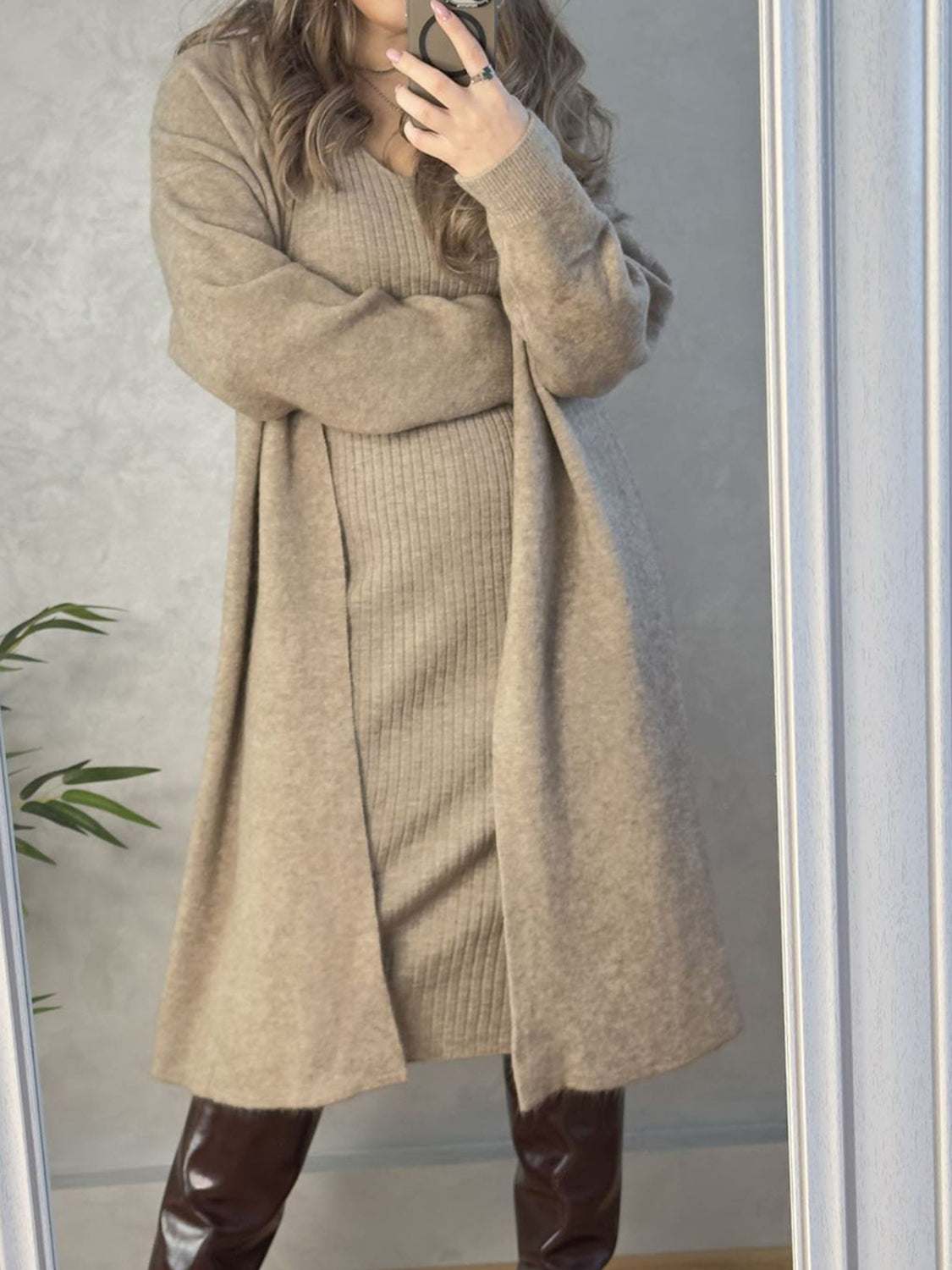 v-neck-cami-dress-and-open-front-cardigan-sweater-set