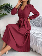 pleated-tied-v-neck-long-sleeve-dress