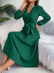 pleated-tied-v-neck-long-sleeve-dress