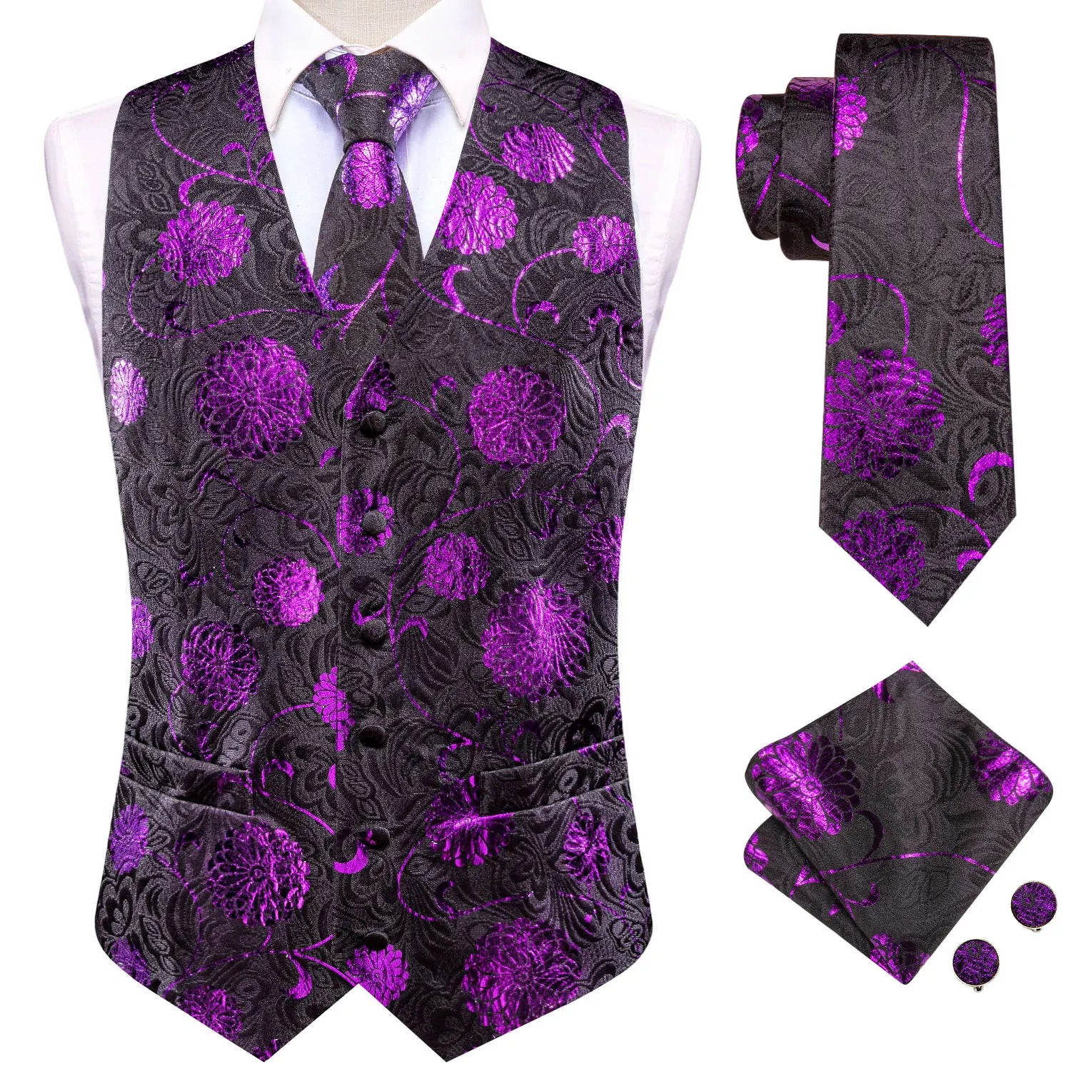 Hi-Tie 20 Color Silk Men's Vests Tie Business Formal Dress Slim Sleeveless Jacket 4PC Hanky Cufflink Blue Paisley Suit Waistcoat