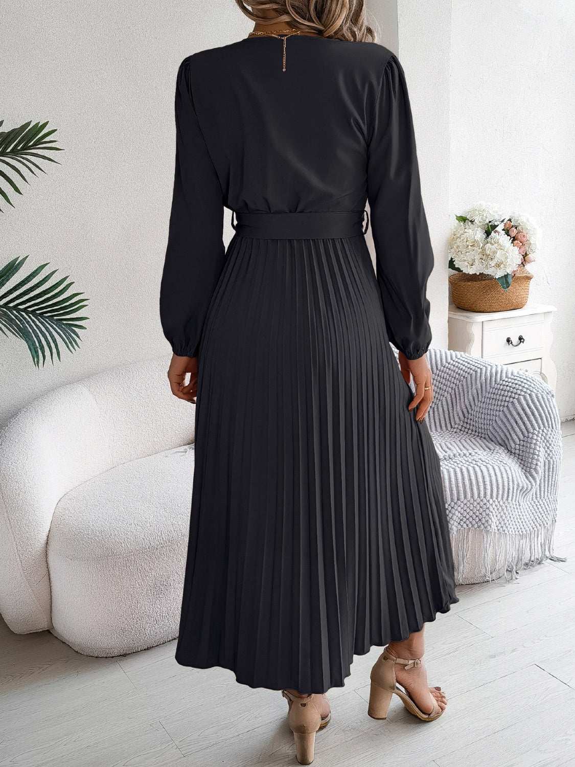 pleated-tied-v-neck-long-sleeve-dress