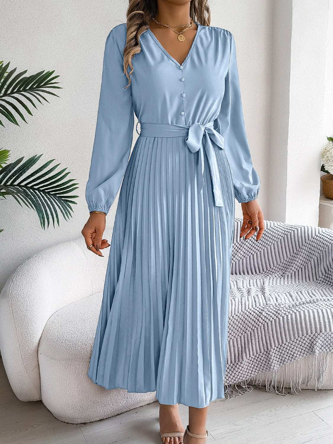 pleated-tied-v-neck-long-sleeve-dress