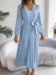 pleated-tied-v-neck-long-sleeve-dress