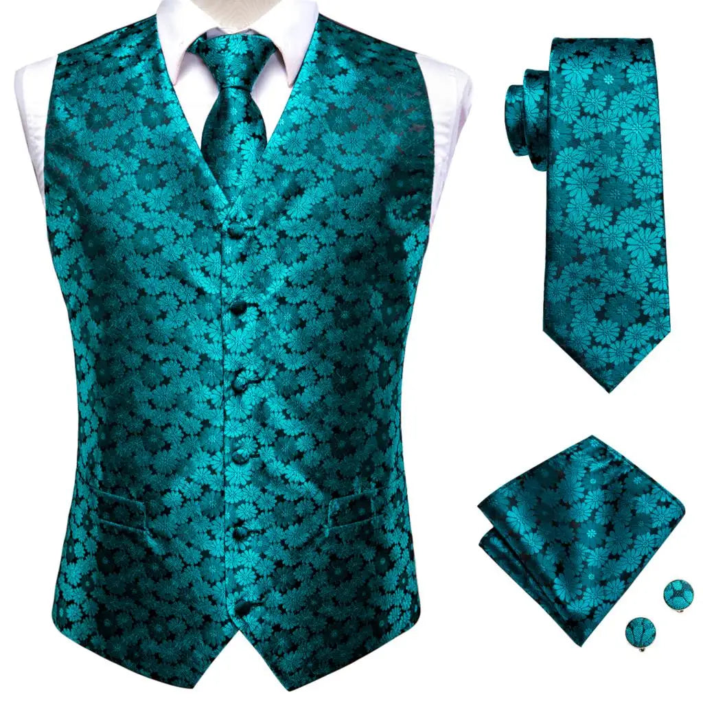 Hi-Tie 20 Color Silk Men's Vests Tie Business Formal Dress Slim Sleeveless Jacket 4PC Hanky Cufflink Blue Paisley Suit Waistcoat