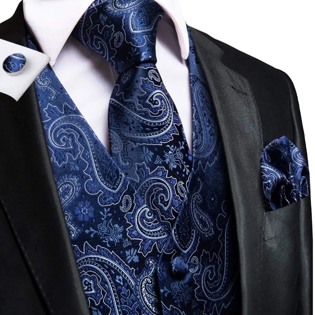 Hi-Tie 20 Color Silk Men's Vests Tie Business Formal Dress Slim Sleeveless Jacket 4PC Hanky Cufflink Blue Paisley Suit Waistcoat