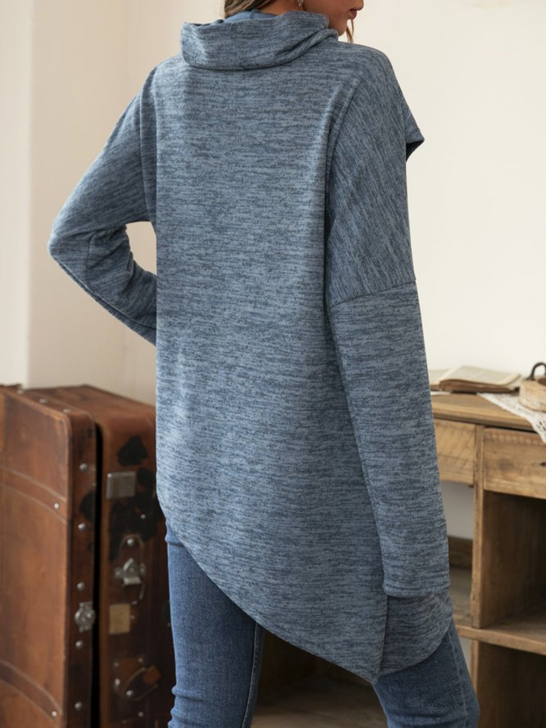 Asymmetrical Hem Cowl Neck Long Sleeve T-Shirt