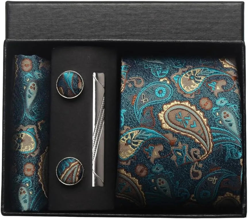 100% Silk Necktie Paisley Floral Mens Tie Top Quality Business Tie Pocket Square Tie Clip Cufflinks Set Classic For Men Gift Box