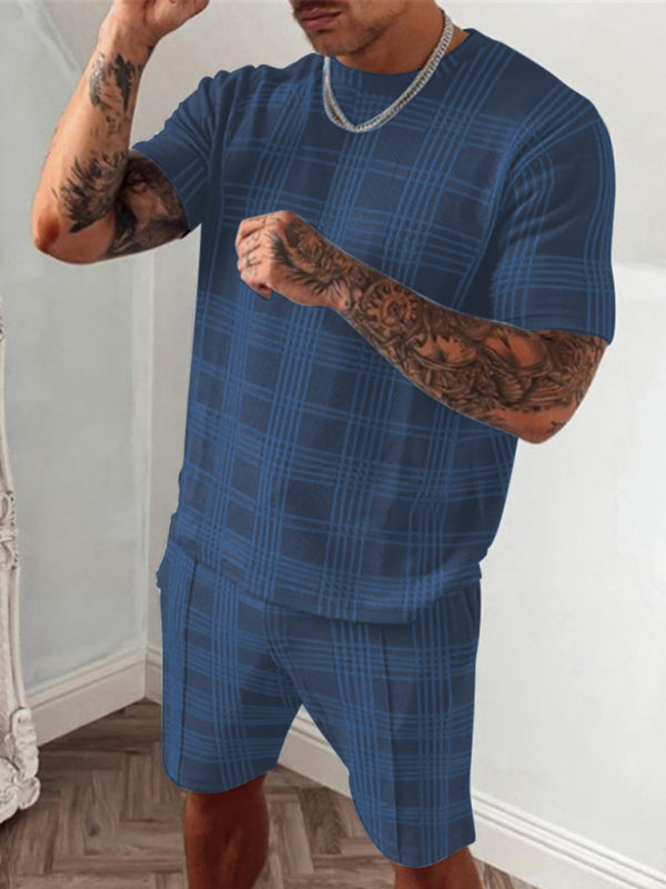 Men's casual plaid short-sleeved T-shirt + shorts two-piece set