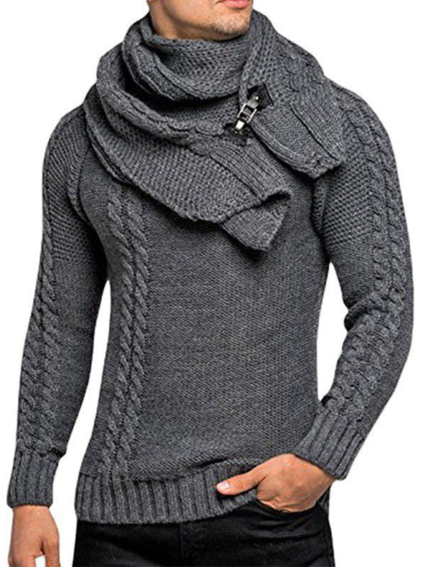 Men's fashionable scarf pullover solid color twist knitted sweater top