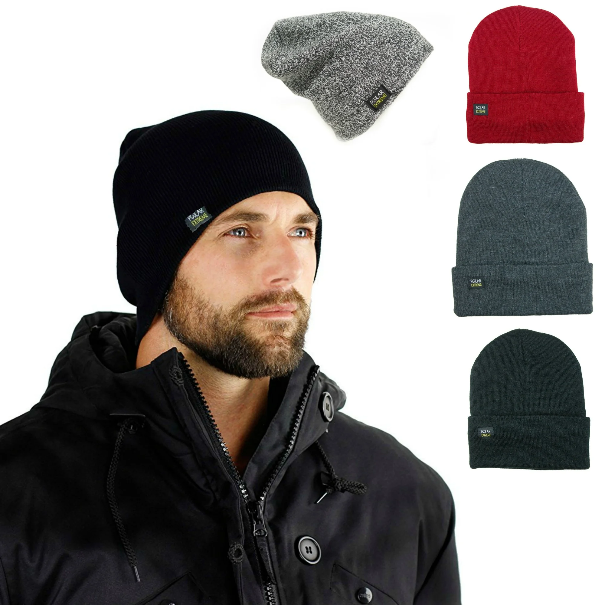 Mens Insulated Thermal Fleece Lined Comfort Daily Soft Beanies Winter Hats (Gray Fold over Hat)