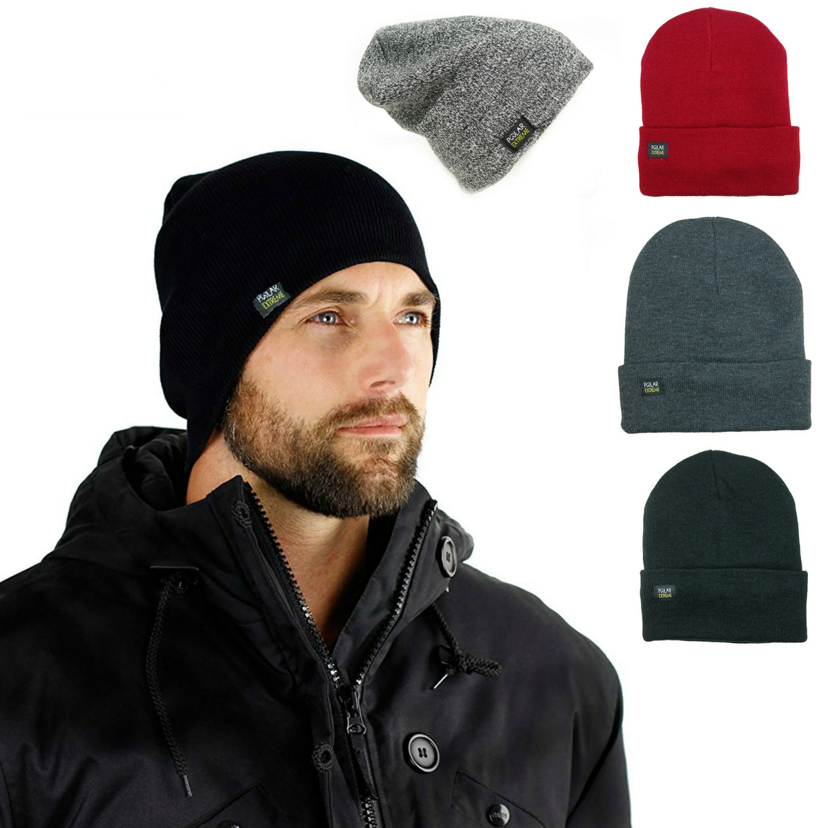 Mens Insulated Thermal Fleece Lined Comfort Daily Soft Beanies Winter Hats (Gray Fold over Hat)