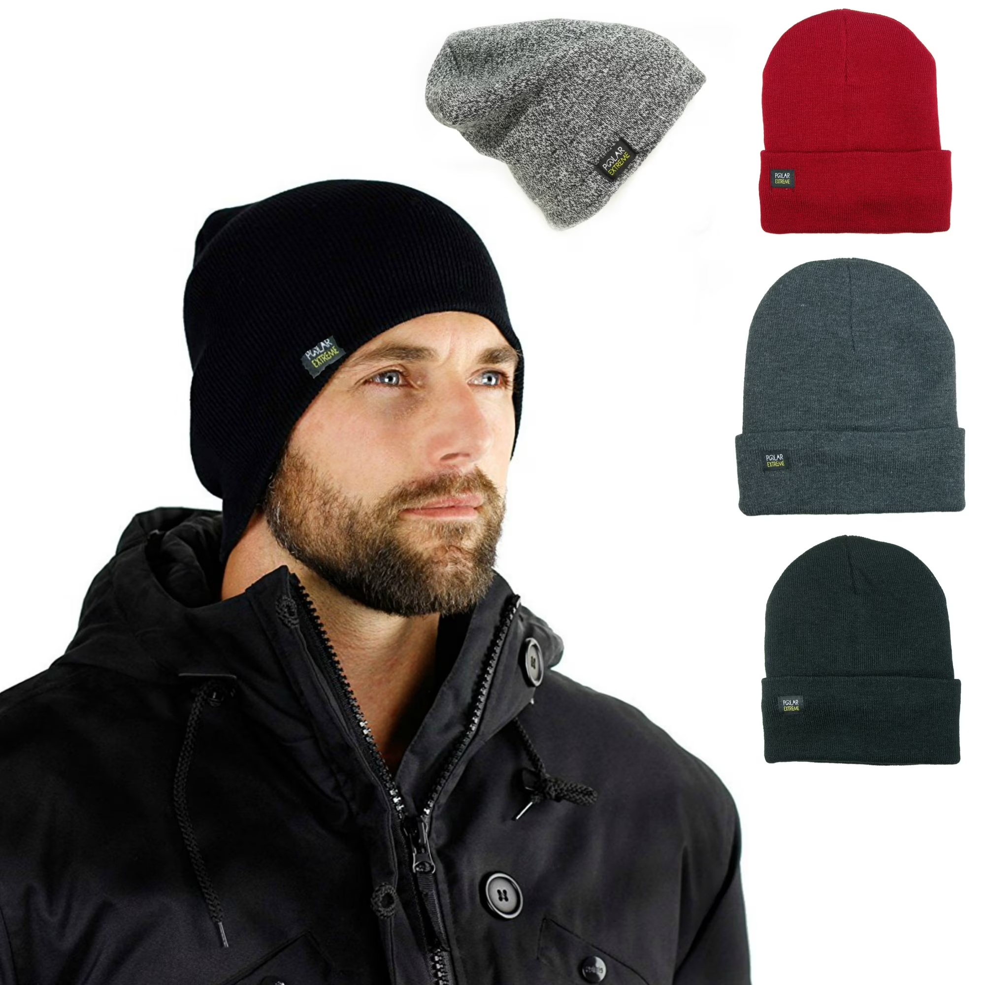 Mens Insulated Thermal Fleece Lined Comfort Daily Soft Beanies Winter Hats (Gray Fold over Hat)